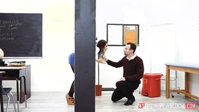 ”Sexy ginger college girl fucks her prof in a classroom”