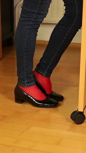Red Nylon Feet in Black Shiny Heels - Dangling & Tease in Tight Jeans