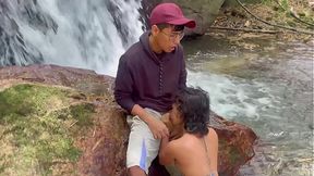 Skinny Latina catches cum in mouth after hot summer day