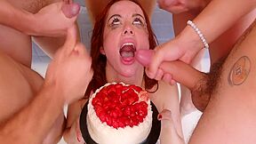 Audrey Reid Entertains All The Men With A Group Blowjob- They All Cum On Her Face For Her Birthday