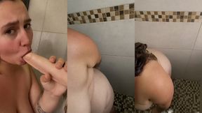 je suce en gorge profonde mon gode xxl sous ma douche