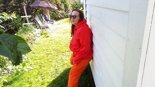 Pee and Foreplay inside Red and Orange Rainwear