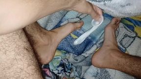 masturbating with a condom full of cum and rubbing it on my feet