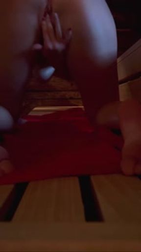 Blonde girl fingering herself in a public sauna and being filmed!