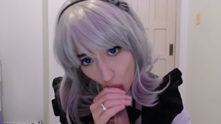 Maid cosplay girl sucking and begging to her boss