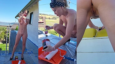 Naked housewife paints walls in public