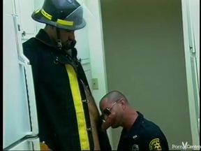 Wild Fireman And Police Officer Plow On The Daybed