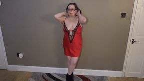 sexy stripping in naughty red silk lingerie and ankle boots