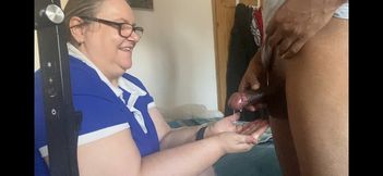 Hot MILF BBW Nurse Loves Black Cock in Her Hands, Interracial Handjob