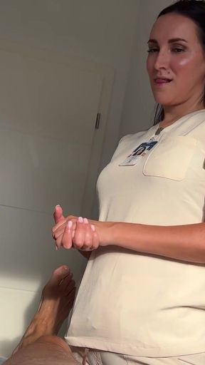 Client Strokes His Cock While Getting a Massage - Masseuse Joins In   Clip 2