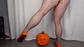 Calf Muscle Flex in Fishnets-Halloween Theme MP4 1080 in Orange Ballet Flats