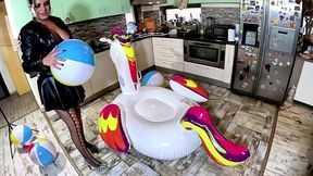 dominant biker leather milf inflatable office fantasy. beach balls, oral, doggy and cum play