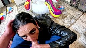 dominant biker leather milf inflatable office fantasy. beach balls, oral, doggy and cum play