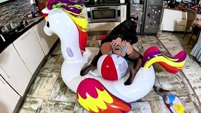 dominant biker leather milf inflatable office fantasy. beach balls, oral, doggy and cum play