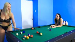 Big-boobed hotties playing a strip game of billiards
