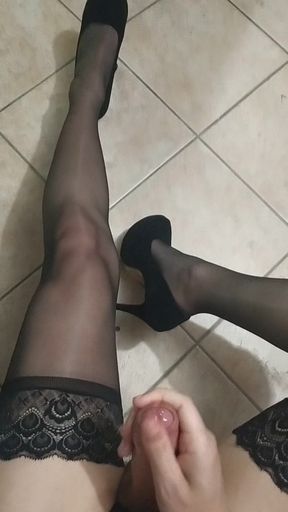 Sissy Femboy Juicy Cumshot on Sexy Legs in Stockings and High Heels