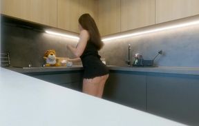 Hot Sexy Brunette MILF Housewife at home no panties in a Cut Miniskirt to flash meaty juicy pussy