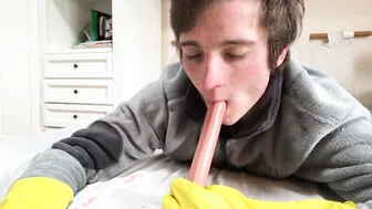 Twink in leather trousers enjoys solo anal play at home