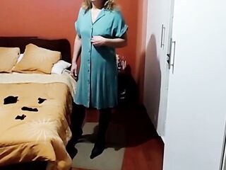 Stepmom comes home slutty from work and masturbates previous to getting drilled.