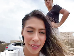 Hot Latina Babe Flashes Abs and Smiles in Car and Beach Selfies