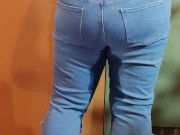 Desperate chubby MILF pees in blue jeans