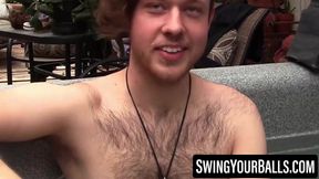 Hippie guy Woody Johnson gets his balls swinging through masturbating