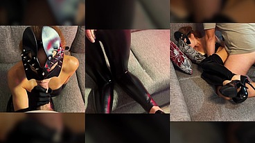 Sexy Leather Babe in Heels Teases Fetish Lover to Bliss