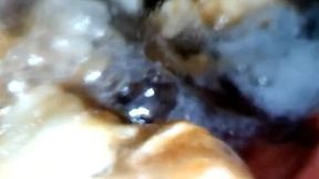 Medical endoscopy PillCam in Full Screen - Eating Pizza with onions and pieces of sausage live digestion 720HD