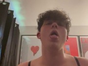 Femboy Mikey makes ahegao face while fondling breast.