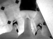 Sissy Crossdresser - Cum Shot with Fl*shlight Pussy - Satin Scorpion on high heels.