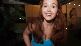 Attractive redhead with a shaved pussy riding in public