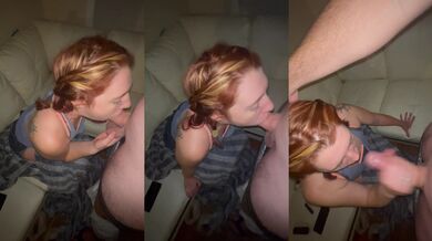 Slutty redhead stepsister gives me a sloppy deepthroat blowjob until I bust in her throat