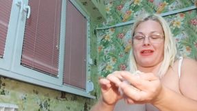 White thong piss, stuff and wank dildo in c2c
