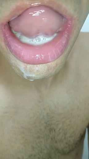 Cum in my mouth, play with your cum, and swallow it, six pack, close-up, gay naughty, tongue, sloopy   Clip 3