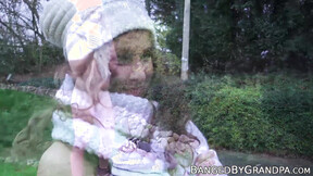 Charming beautiful babe rides old mans shaft cowgirl style by the campfire