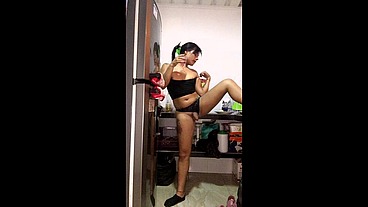 TS Angelique - My special strip and cum show in my kitchen