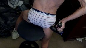 10 more minutes with massage gun grinding on active stool in striped briefs