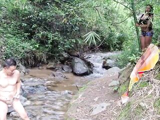 Peasant woman bangs outdoors in the jungle by a forest river - BREASTY AND LARGE BUTT