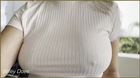 Busty MILF toys with with bouncing boobs in public