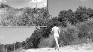A nude stud runs and ambles in nature
