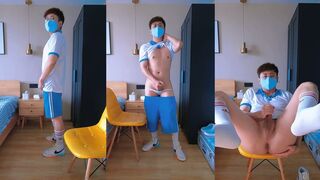 Watch this cute guy with stockings and a caboose jerk off in college dorm and blow a load in front of his bros