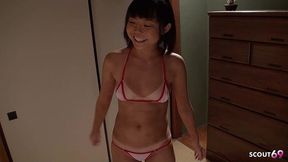 petite japanese step-daughter 18 with tan lines seduce to first creampie fuck while show new bikini in uncensored jav porn