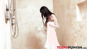 ”Sexy babe with big tits gets a shower before hard fucking”