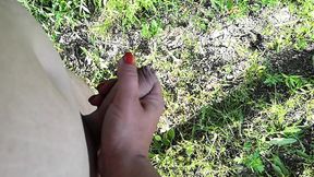 Naked man is surprised while peeing in nature and gets a helping hand