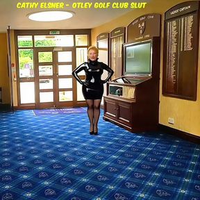 Golf Club Slut Exposed in Shiny PVC Skirt High Heels Costume in ClubHouse Entrance