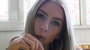 ”Blonde teen taking big black meat deep on table”