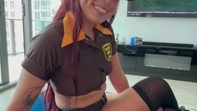 Asian delivery girl gives sloppy blowjob