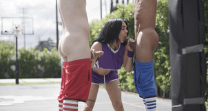 Gaze at this TS suck and ride 2 big cocks in court