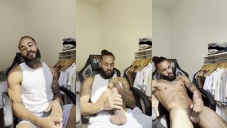 Watch Andy Rodrigues stroke his huge black cock while he wanks off in HD