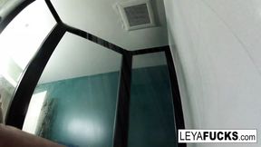 Hot big titty blonde takes a shower